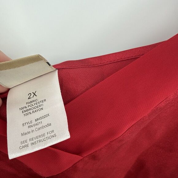 Massini Red Satin Long Nightgown Dress Sheer Embroidered Floral Size 2X Plus - Picture 5 of 10